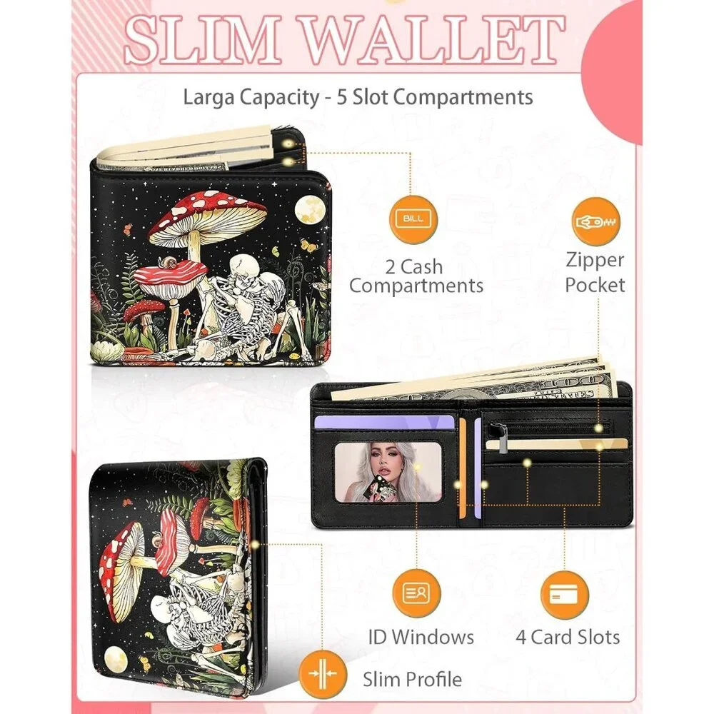 Women's 1 Mushroom Skull Goth Horror Cash Id Holder Blocking Leather Wallet